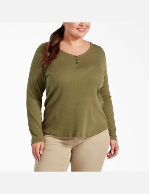 Olive Dickies Plus Henley Long Sleeve T-Shirts | 380XOPRKY