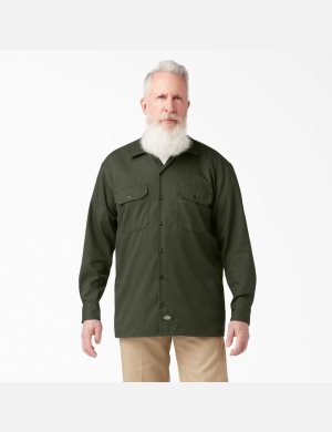 Olive Green Dickies Long Sleeve Work Shirts | 271OYAWZI