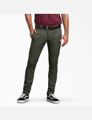 Olive Green Dickies Skinny Fit Straight Leg Double Knee Pants | 603ZDWIYU