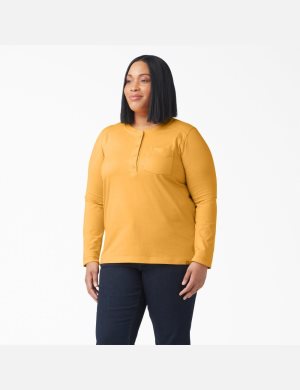 Orange Glow Dickies Plus Heavyweight Henley Long Sleeve T-Shirts | 419VFUHTZ