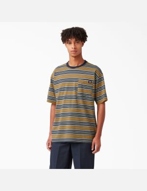 Radiant Yellow Stripe Dickies Relaxed Fit Striped Pocket T-Shirts | 504TFYNKG