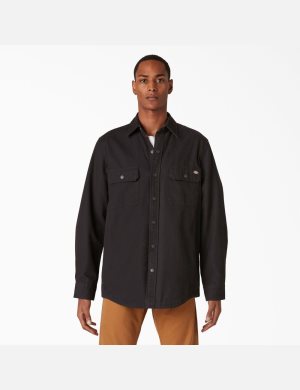 Rinsed Black Dickies Duck Flannel-Lined Shirt Button Up | 301MBRUOC