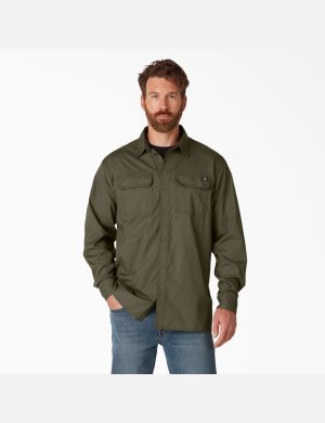 Rinsed Military Green Dickies FLEX Ripstop Long Sleeve Work Shirts | 601ETZJMW