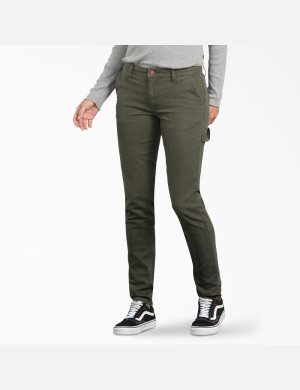 Rinsed Moss Green Dickies Duck Slim Carpenter Pants | 976ZYRTHQ