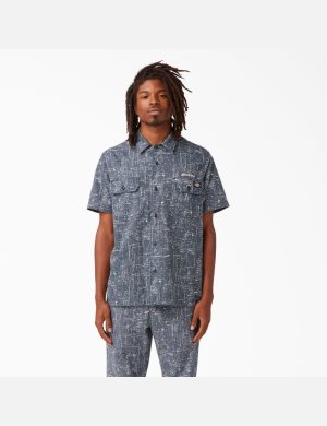 Rinsed Navy Crosshatch Dickies Twill Button Up Short Sleeve Work Shirts | 601BEDXAR