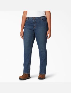 Stonewashed Indigo Blue Dickies Perfect Shape Plus Straight Leg Stretch Denim Jeans | 634BJZOHA