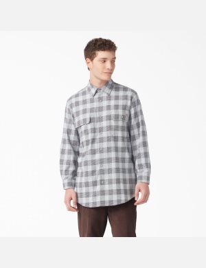 Ultimate Gray Plaid Dickies FLEX Regular Fit Flannel Shirt Button Up | 974BQMHDP