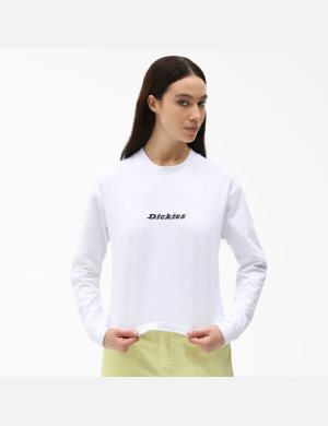 White Dickies Long Sleeve Script Logo T-Shirt Cropped Tops | 321AXSQGU