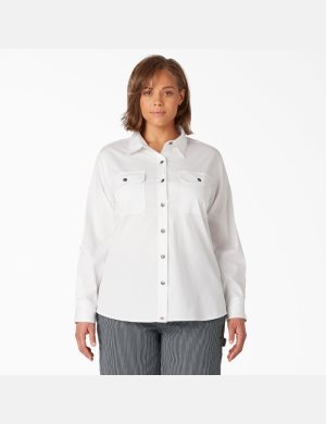 White Dickies Plus Long Sleeve Roll-Tab Work Shirt Tops | 085MAZOEW