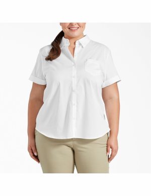 White Dickies Plus Stretch Button-Up Shirt Tops | 879UWFJST