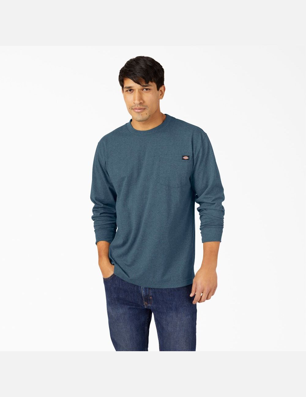 Baltic Blue Dickies Long Sleeve Heathered Heavyweight Crew Neck T-Shirts | 942ZGEWPT