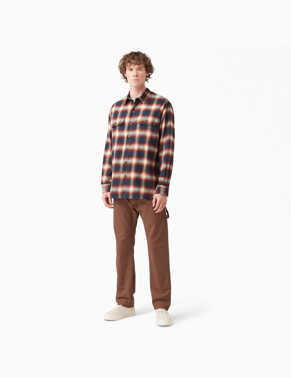 Barn Red Dark Navy Plaid Dickies 1922 Flannel Shirt Button Up | 023IQXHDG