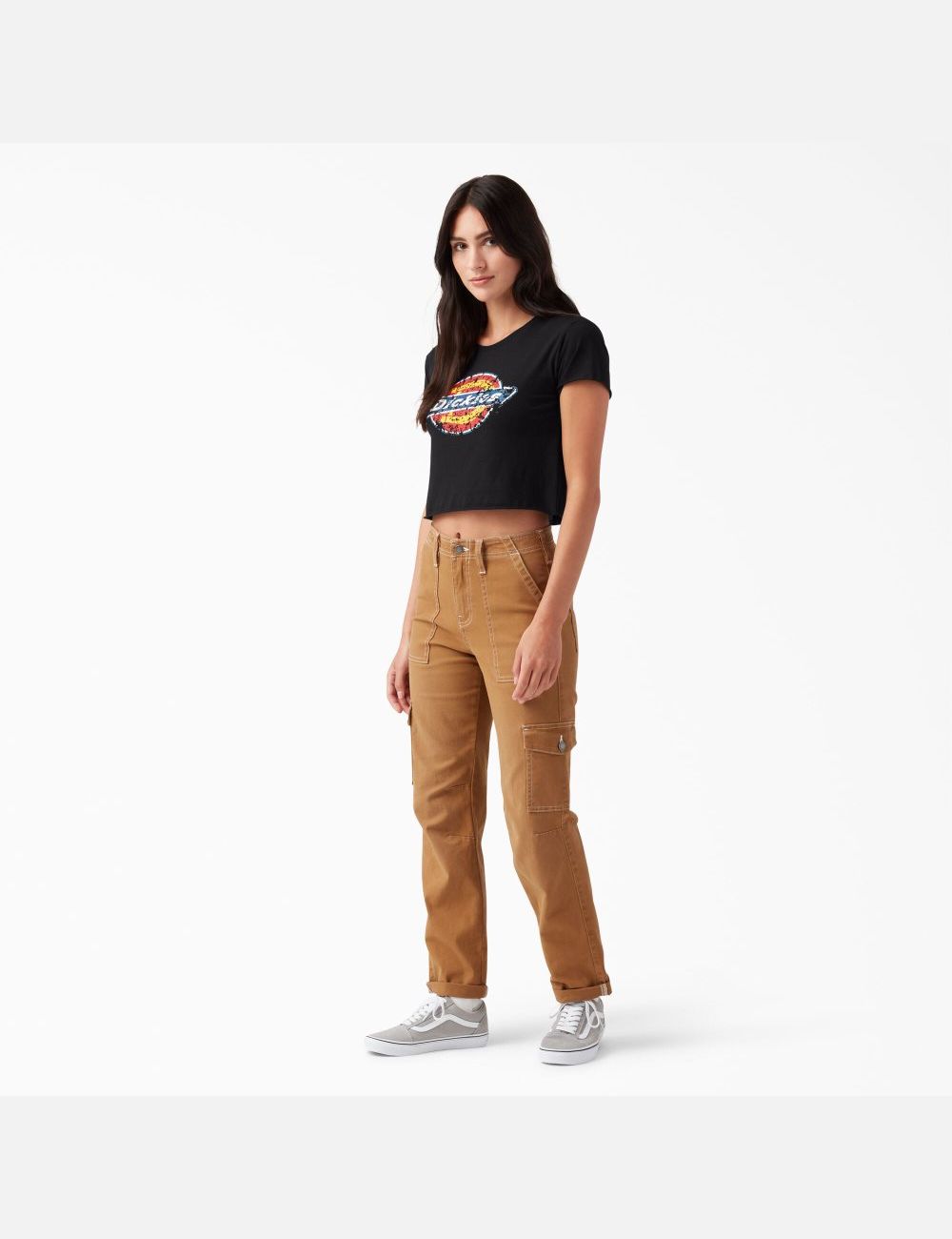 Black Dickies Distressed Logo T-Shirt Cropped Tops | 916KYGZWO