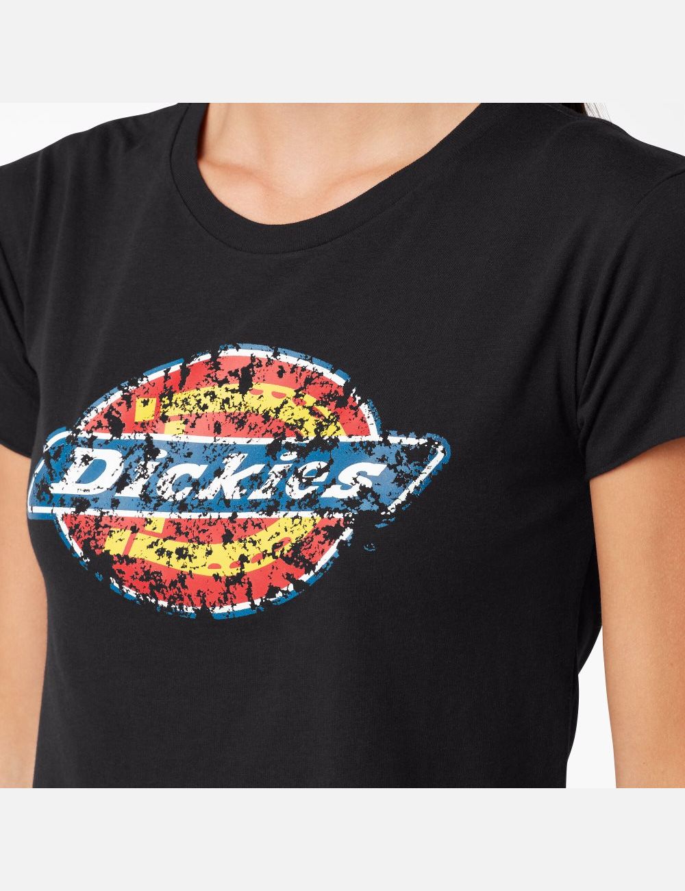 Black Dickies Distressed Logo T-Shirt Cropped Tops | 916KYGZWO