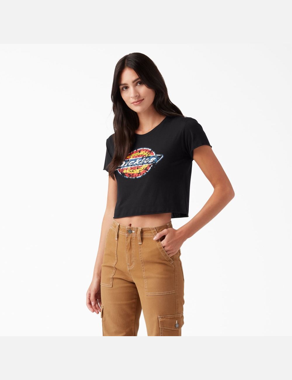 Black Dickies Distressed Logo T-Shirt Cropped Tops | 916KYGZWO