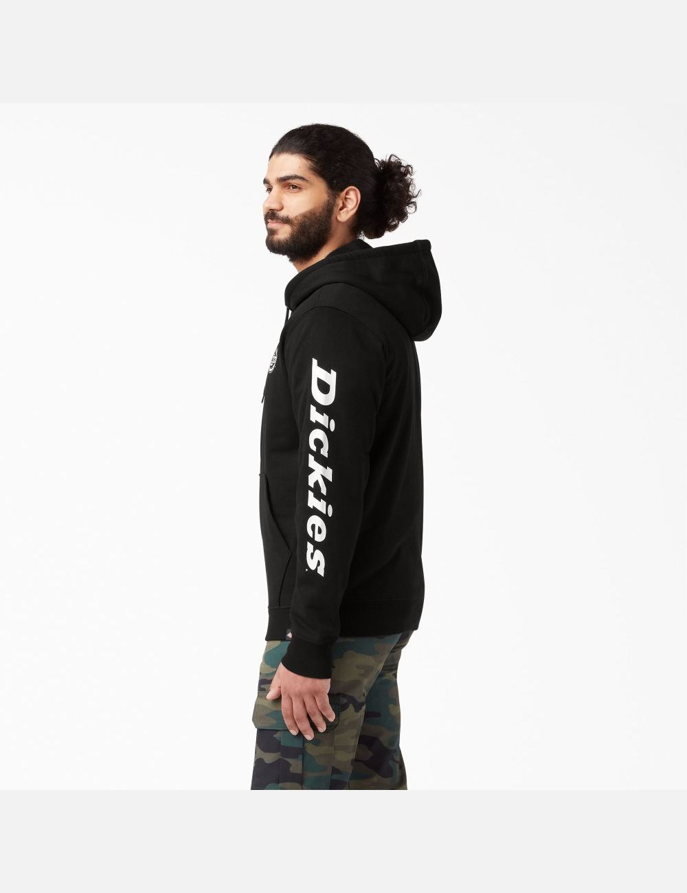 Black Dickies Logo Sleeve Fleece Hoodies | 672EWJIVZ