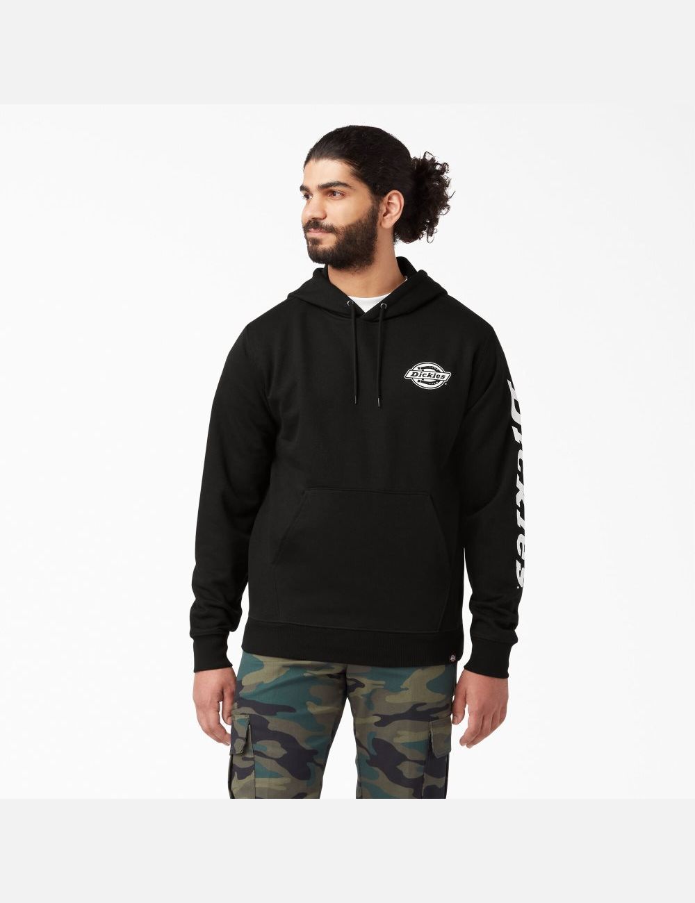 Black Dickies Logo Sleeve Fleece Hoodies | 672EWJIVZ