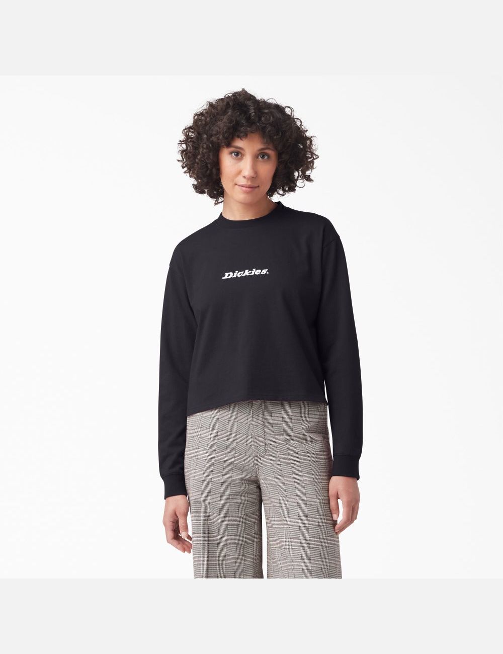 Black Dickies Long Sleeve Script Logo T-Shirt Cropped Tops | 153EWBYSD