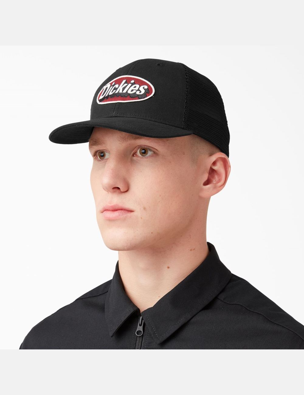 Black Dickies Patch Logo Trucker Hats | 726FPOAEL