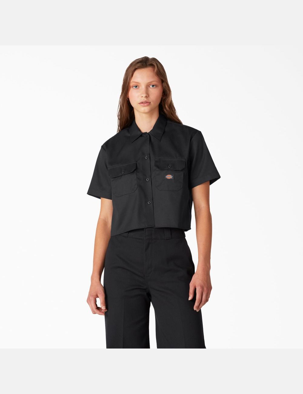 Black Dickies Relaxed Fit Work Shirt Cropped Tops | 610CFKHXN