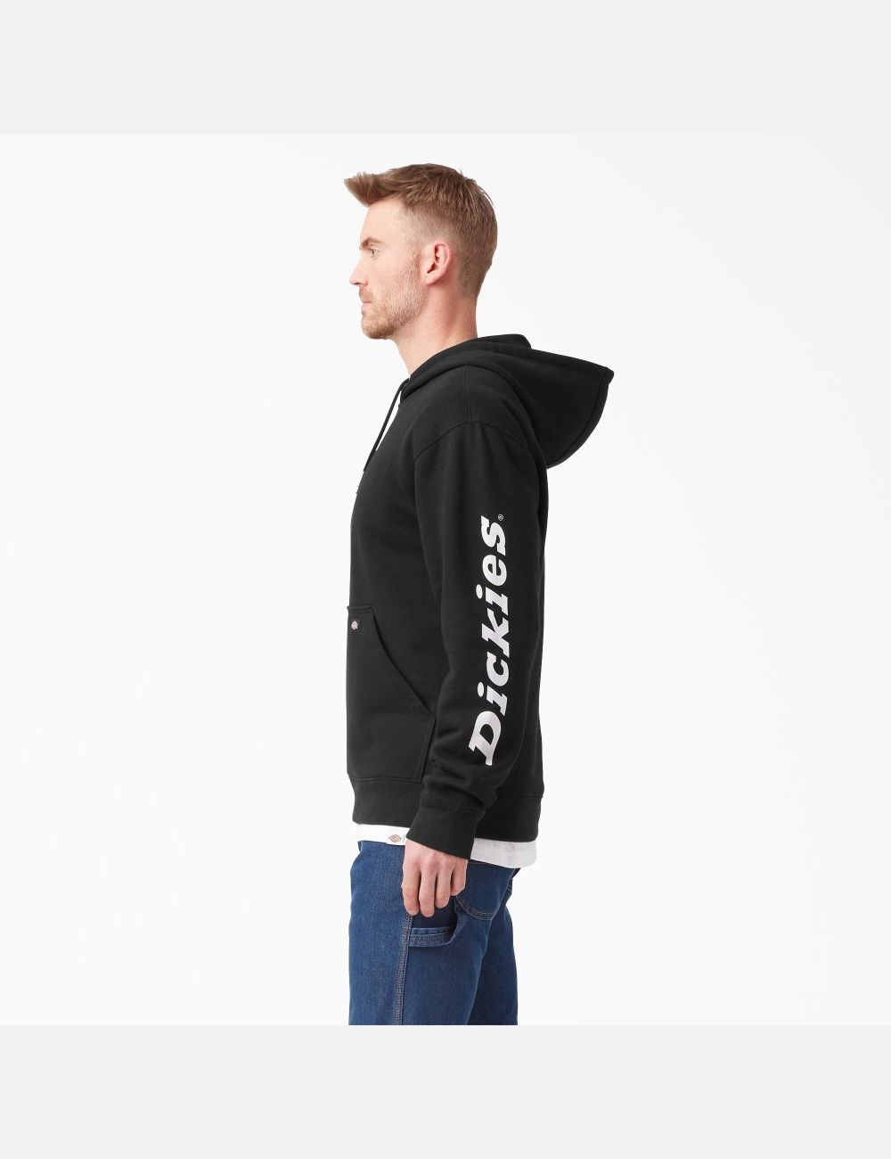 Black Dickies Water Repellent Logo Sleeve Hoodies | 764QYPKIM