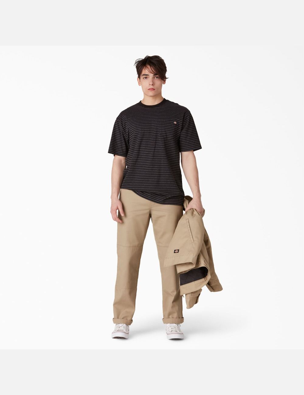 Black Heather Stripe Dickies Regular Fit Striped Pocket T-Shirts | 379HOABWD