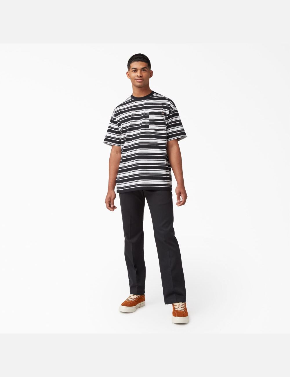 Black Variegated Stripe Dickies Relaxed Fit Striped Pocket T-Shirts | 923XNEVAT