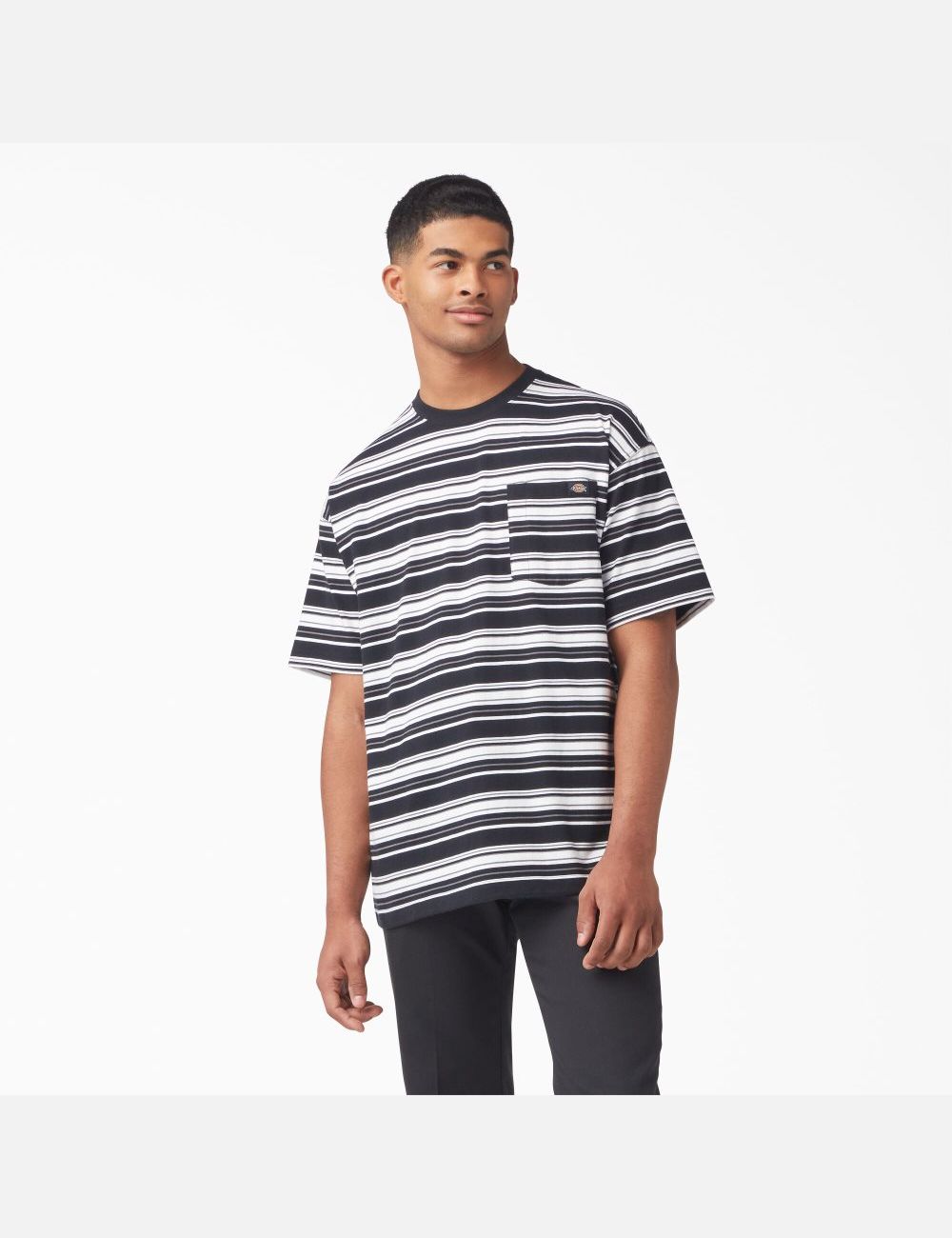 Black Variegated Stripe Dickies Relaxed Fit Striped Pocket T-Shirts | 923XNEVAT