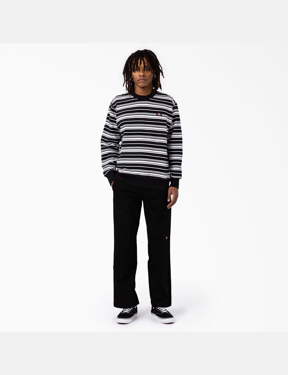 Black Variegated Stripe Dickies Westover Striped Crew Neck Sweatshirts | 249UZOPLT