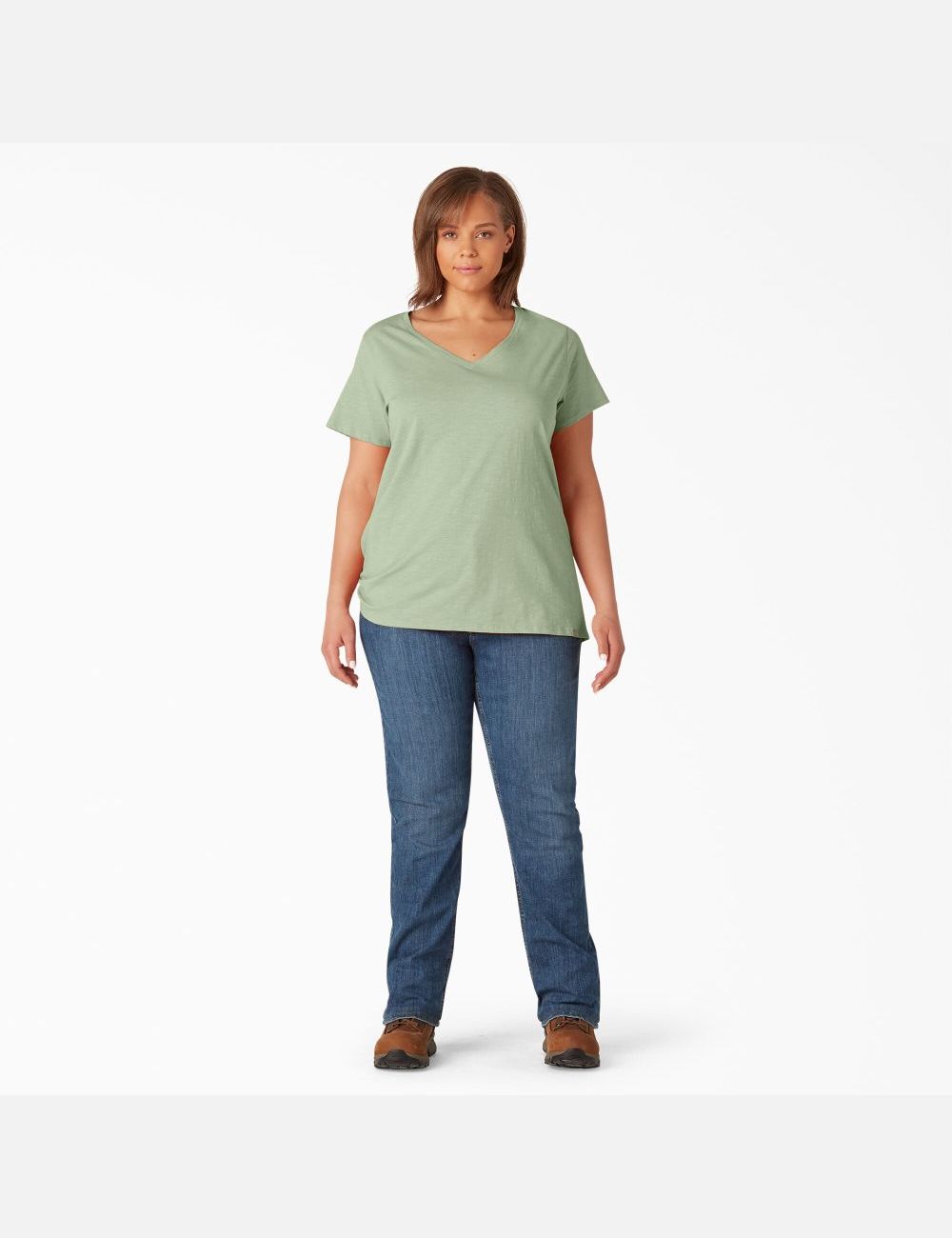 Celadon Green Dickies Plus Short Sleeve V-Neck Tops | 502URBNTD