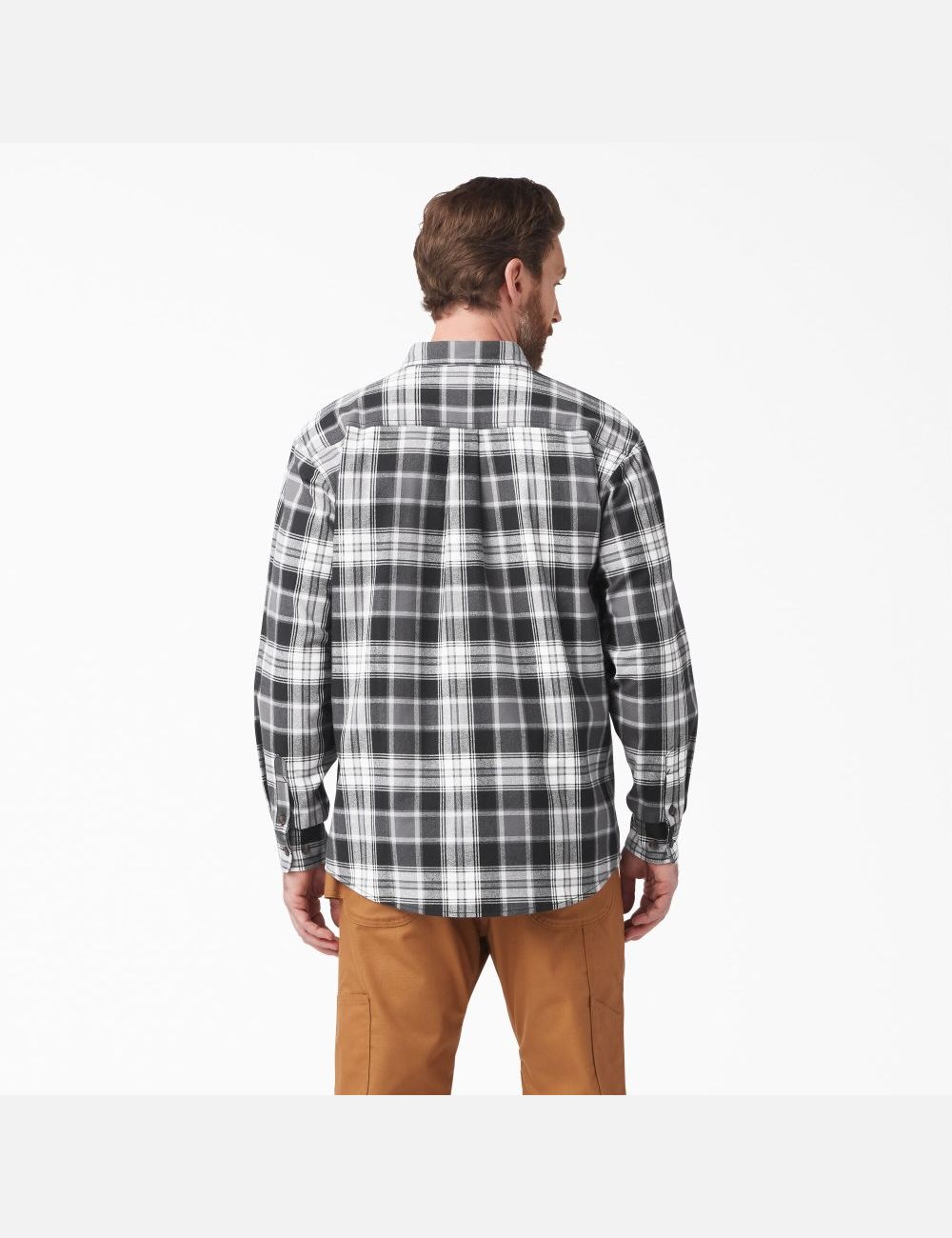 Charcoal/Black Plaid Dickies FLEX Long Sleeve Flannel Shirt Button Up | 592PKWQRU