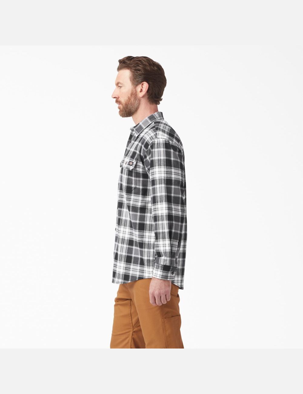 Charcoal/Black Plaid Dickies FLEX Long Sleeve Flannel Shirt Button Up | 592PKWQRU