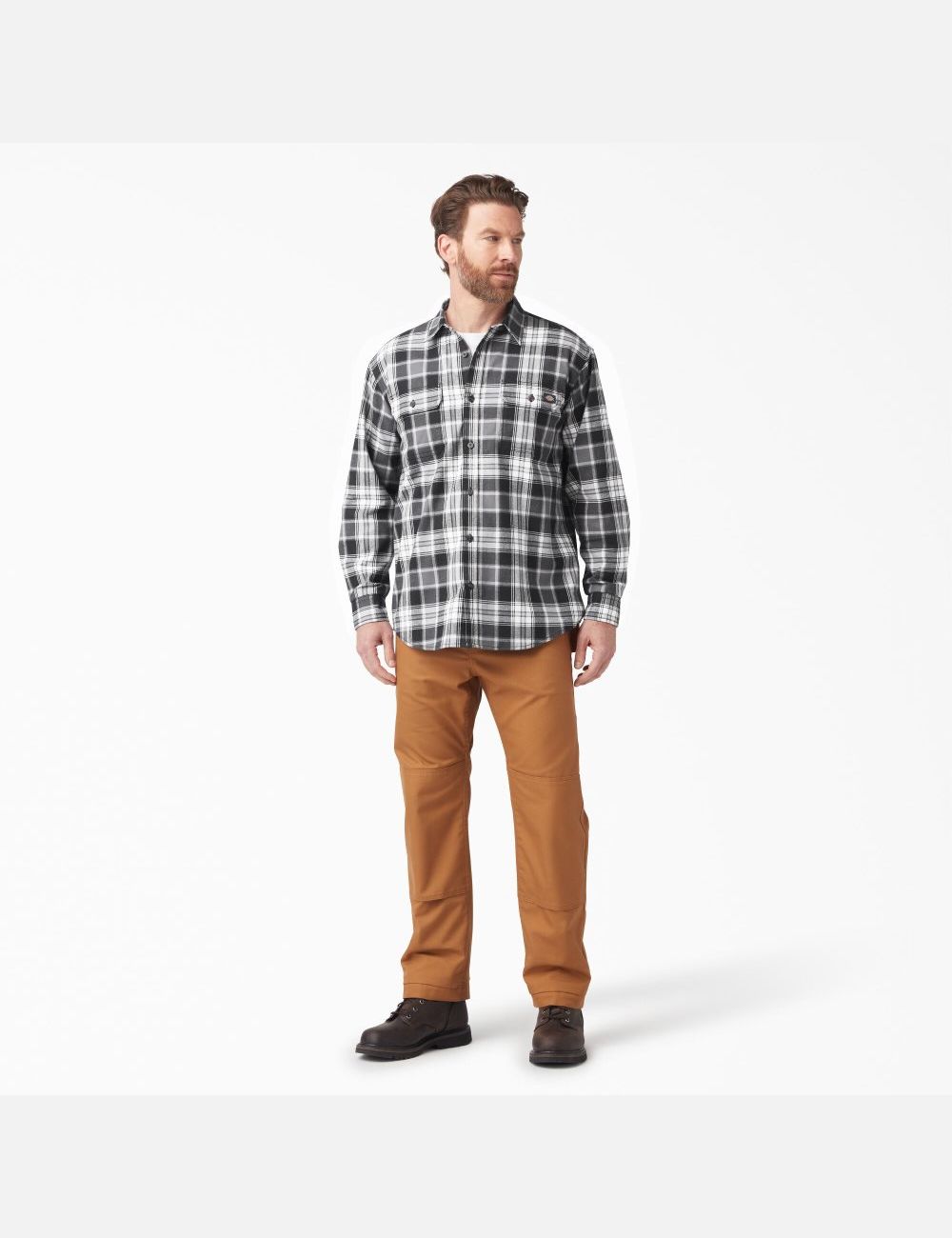 Charcoal/Black Plaid Dickies FLEX Long Sleeve Flannel Shirt Button Up | 592PKWQRU