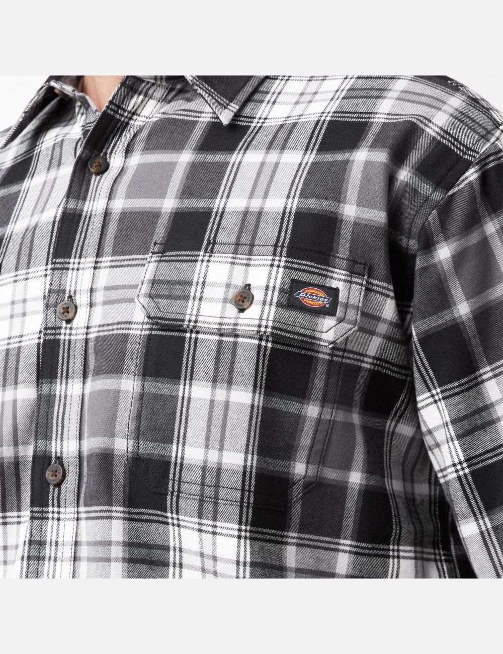 Charcoal/Black Plaid Dickies FLEX Long Sleeve Flannel Shirt Button Up | 592PKWQRU