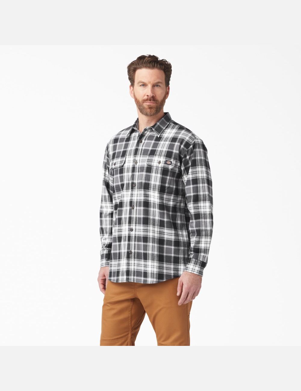 Charcoal/Black Plaid Dickies FLEX Long Sleeve Flannel Shirt Button Up | 592PKWQRU