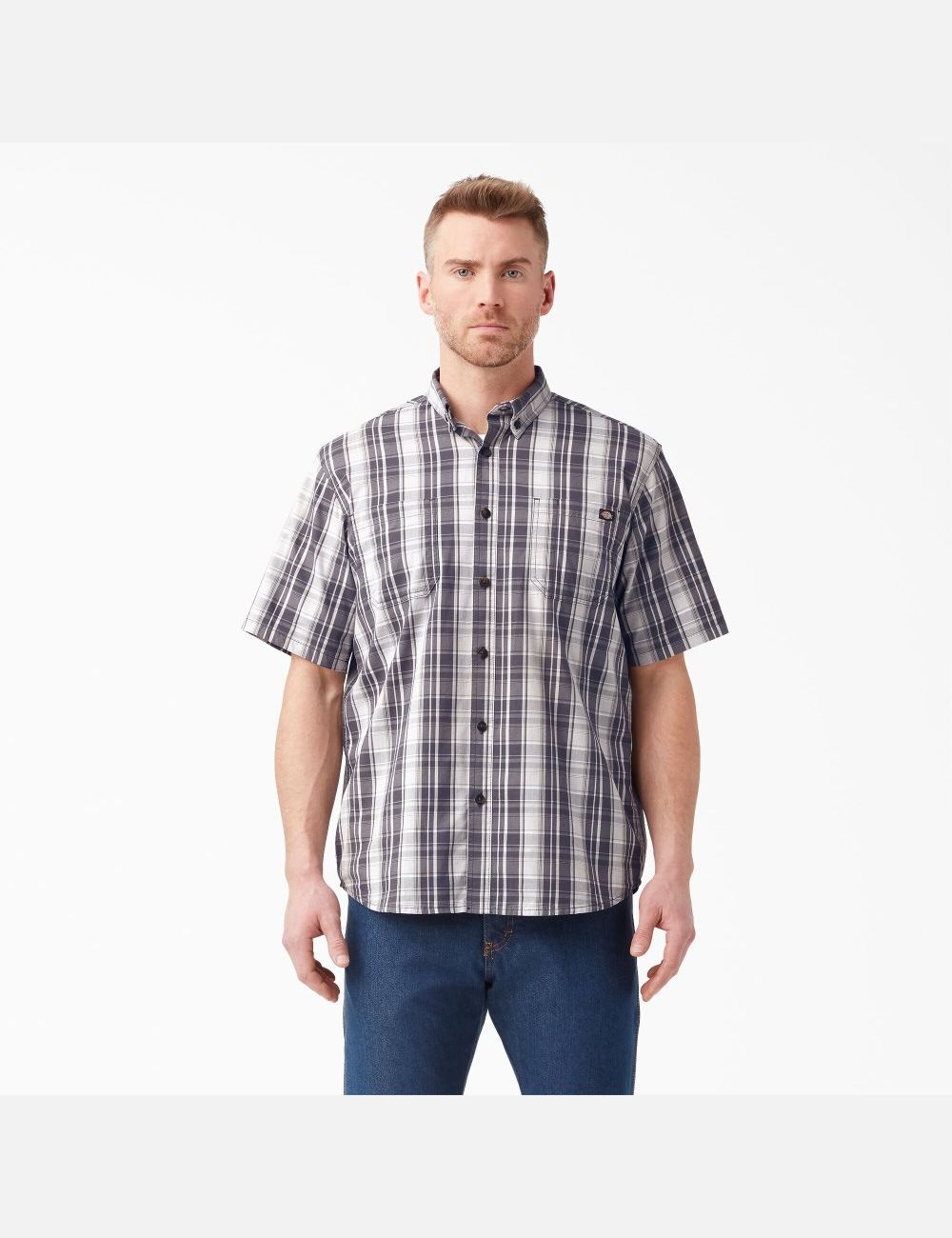 Charcoal Quail Gray Plaid Dickies Short Sleeve Woven Shirt Button Up | 261CPWFSD