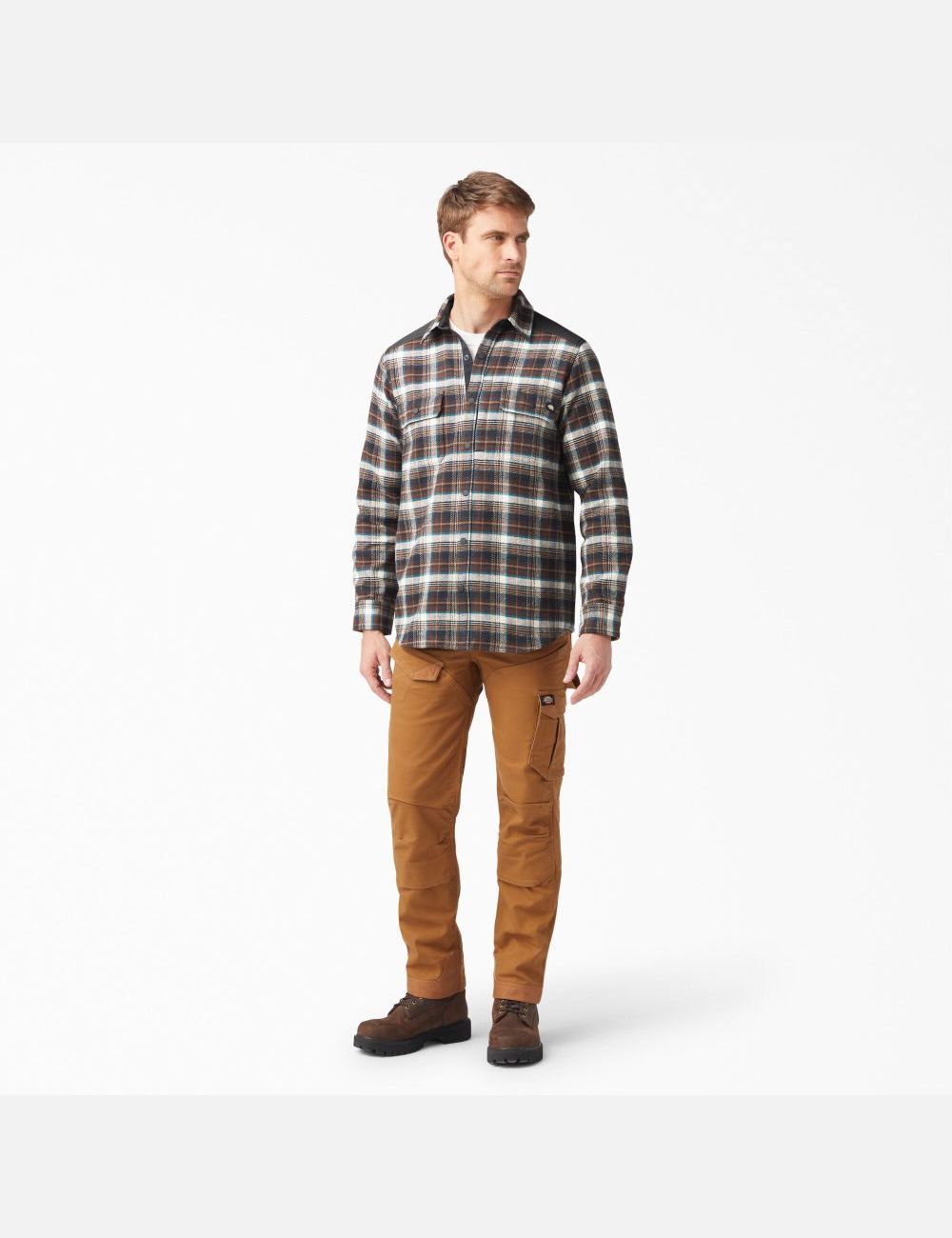 Chocolate Brown Plaid Dickies Heavyweight Brawny Flannel Shirt Button Up | 314TGZCBH