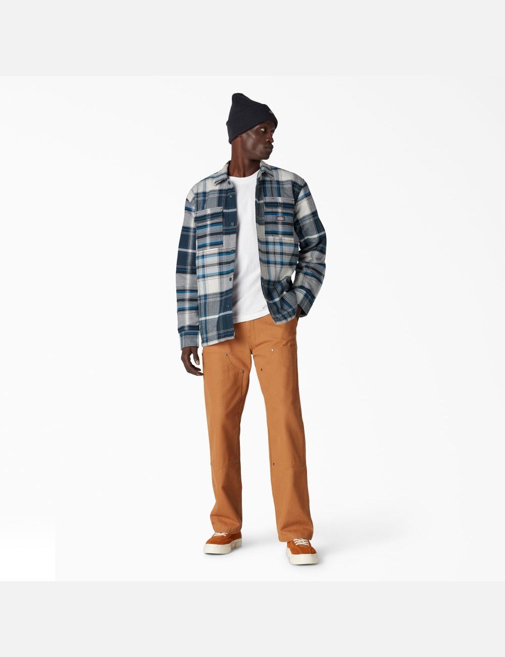 Cream Blue Plaid Dickies Flannel Quilted Lined Shirt Jackets | 745ZHSOBG