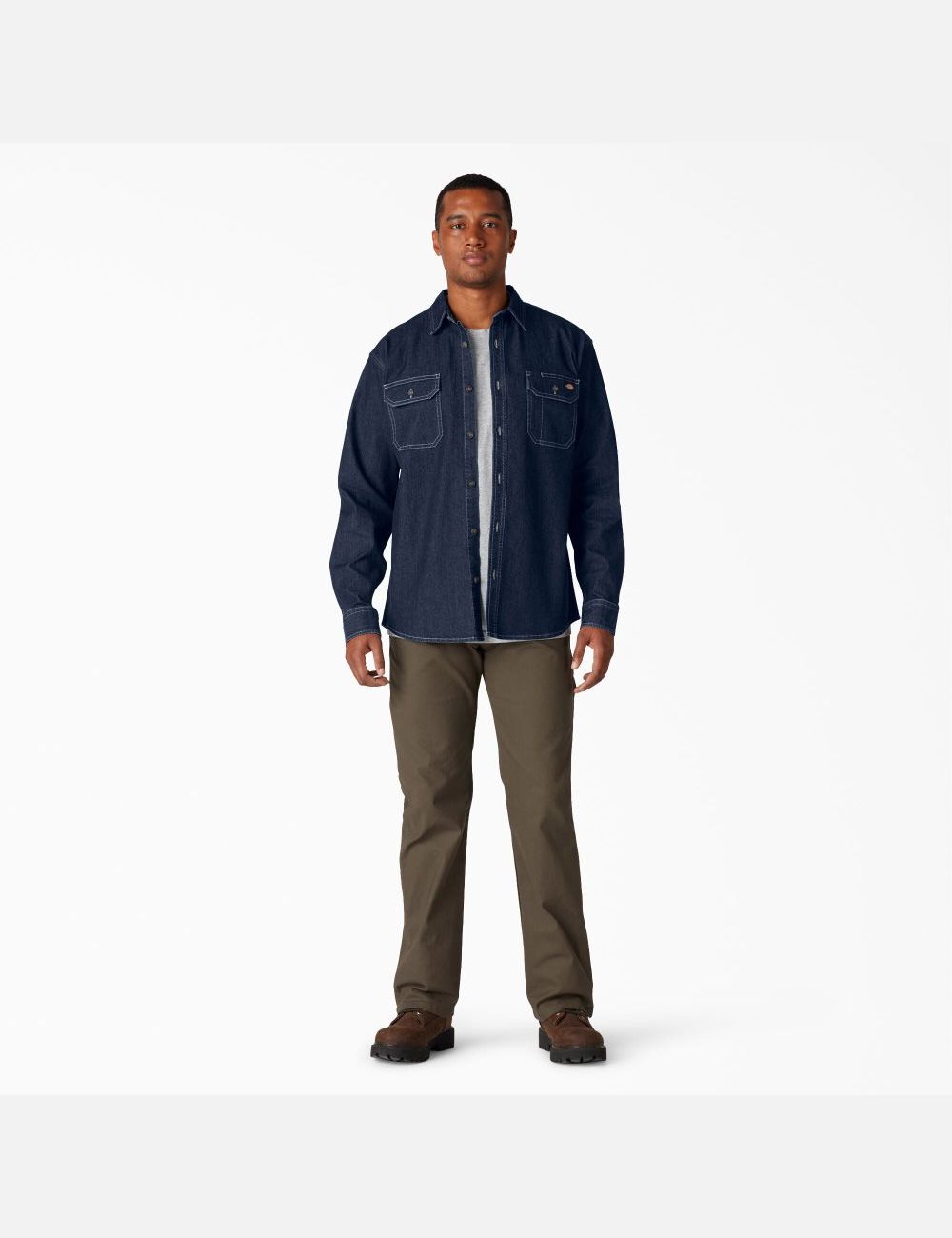 Dark Denim Wash Dickies FLEX Denim Long Sleeve Work Shirts | 960HVMBQY