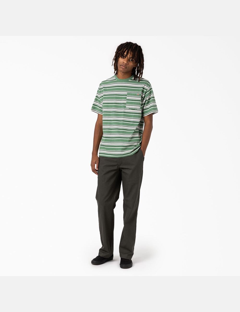 Dark Ivy Variegated Stripe Dickies Relaxed Fit Striped Pocket T-Shirts | 604KHOYSB