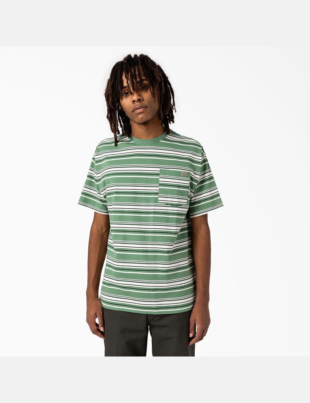 Dark Ivy Variegated Stripe Dickies Relaxed Fit Striped Pocket T-Shirts | 604KHOYSB