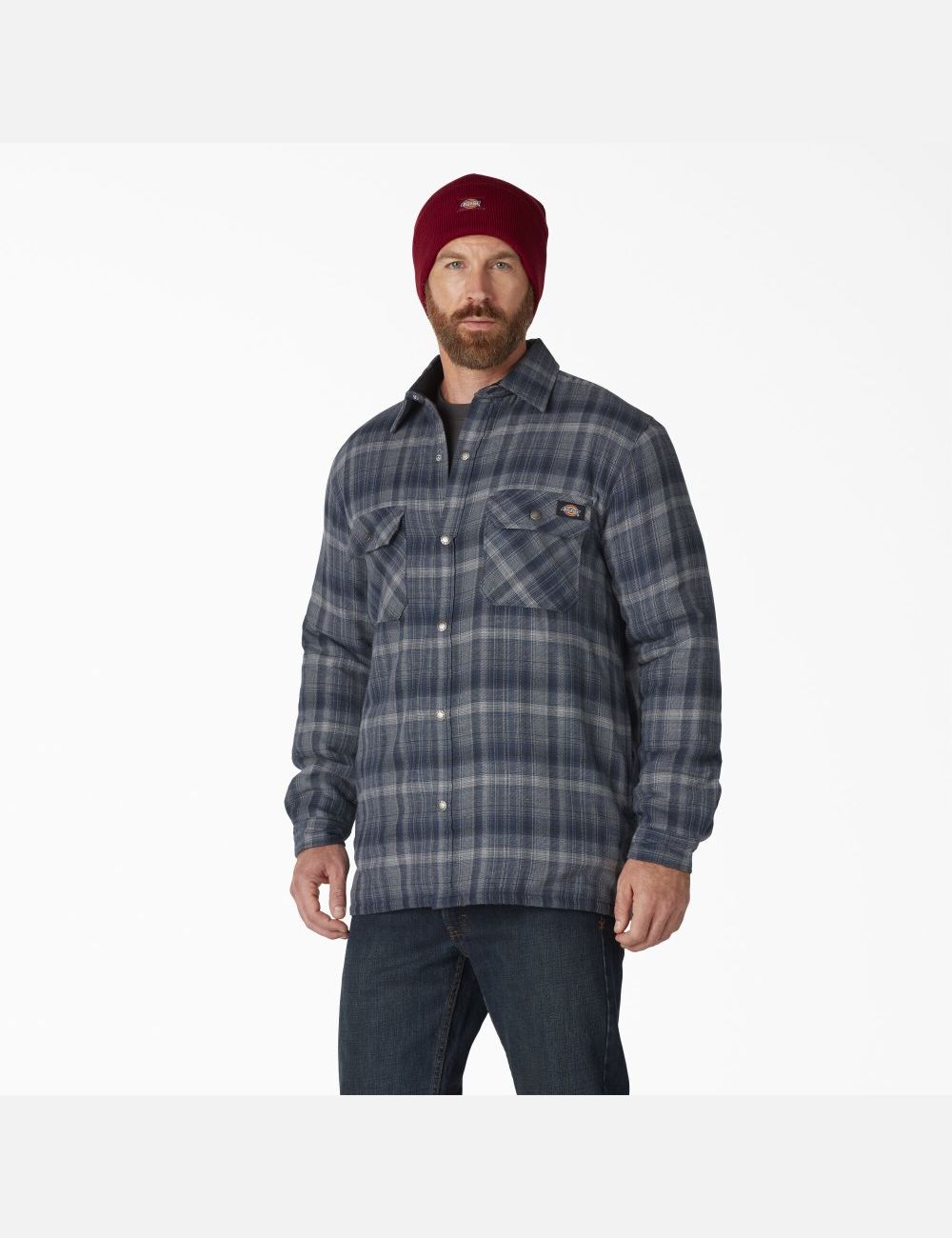 Dark Navy Dark Denim Plaid Dickies Hydroshield Flannel High Pile Fleece Shirt Jackets | 384MJGHYS