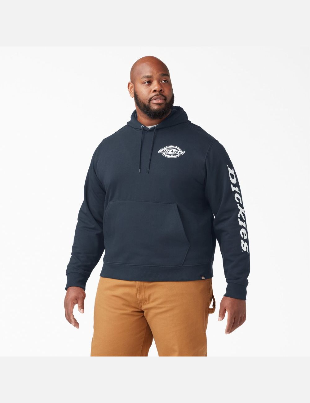 Dark Navy Dickies Logo Sleeve Fleece Hoodies | 091BUOWNK