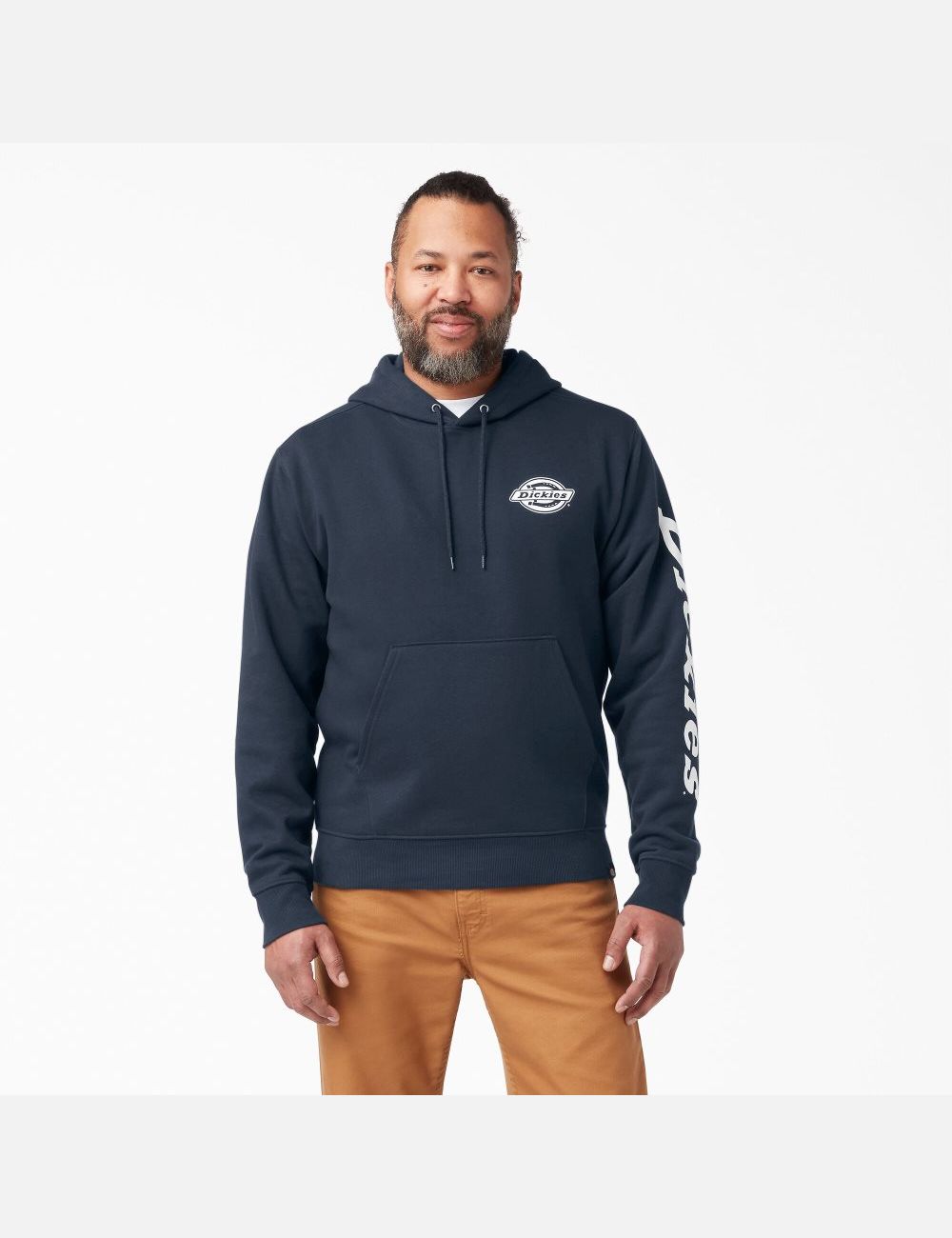 Dark Navy Dickies Logo Sleeve Fleece Hoodies | 091BUOWNK