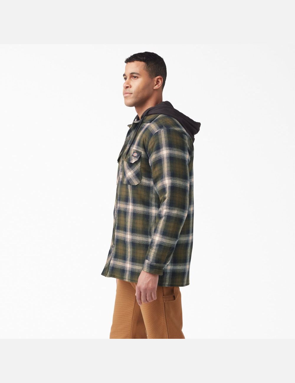 Dark Olive/Black Plaid Dickies Hydroshield Flannel Shirt Jackets | 264WBCVLE