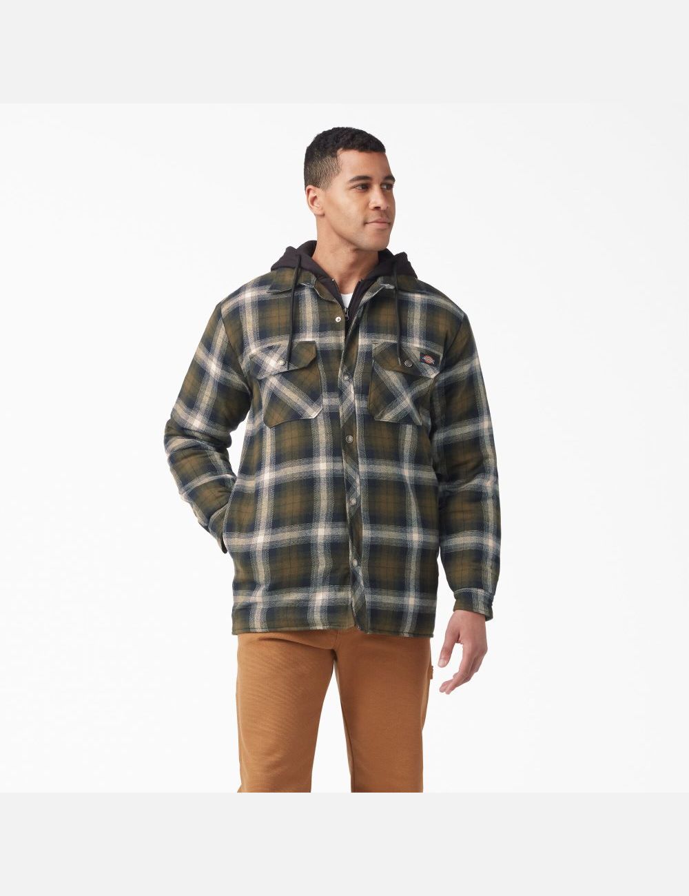 Dark Olive/Black Plaid Dickies Hydroshield Flannel Shirt Jackets | 264WBCVLE