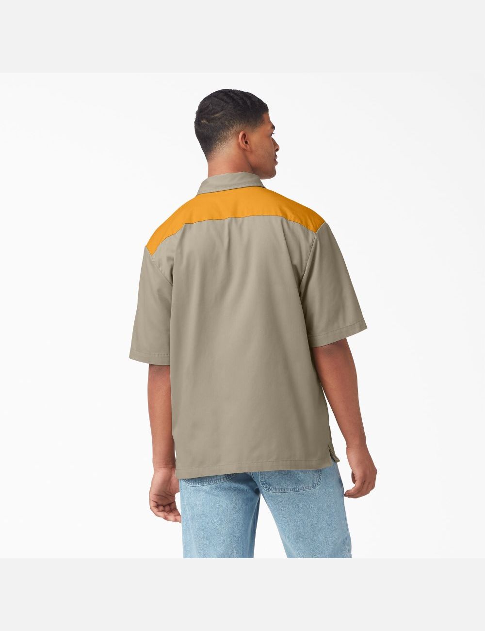 Desert Sand/Radiant Yellow Dickies Mixed Media Zip Front Short Sleeve Work Shirts | 735ENCYVH