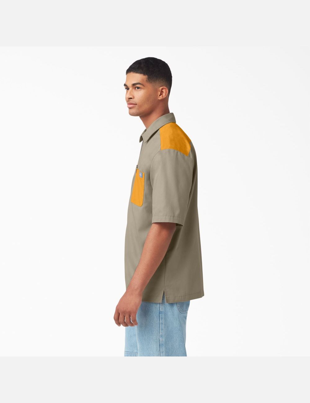 Desert Sand/Radiant Yellow Dickies Mixed Media Zip Front Short Sleeve Work Shirts | 735ENCYVH