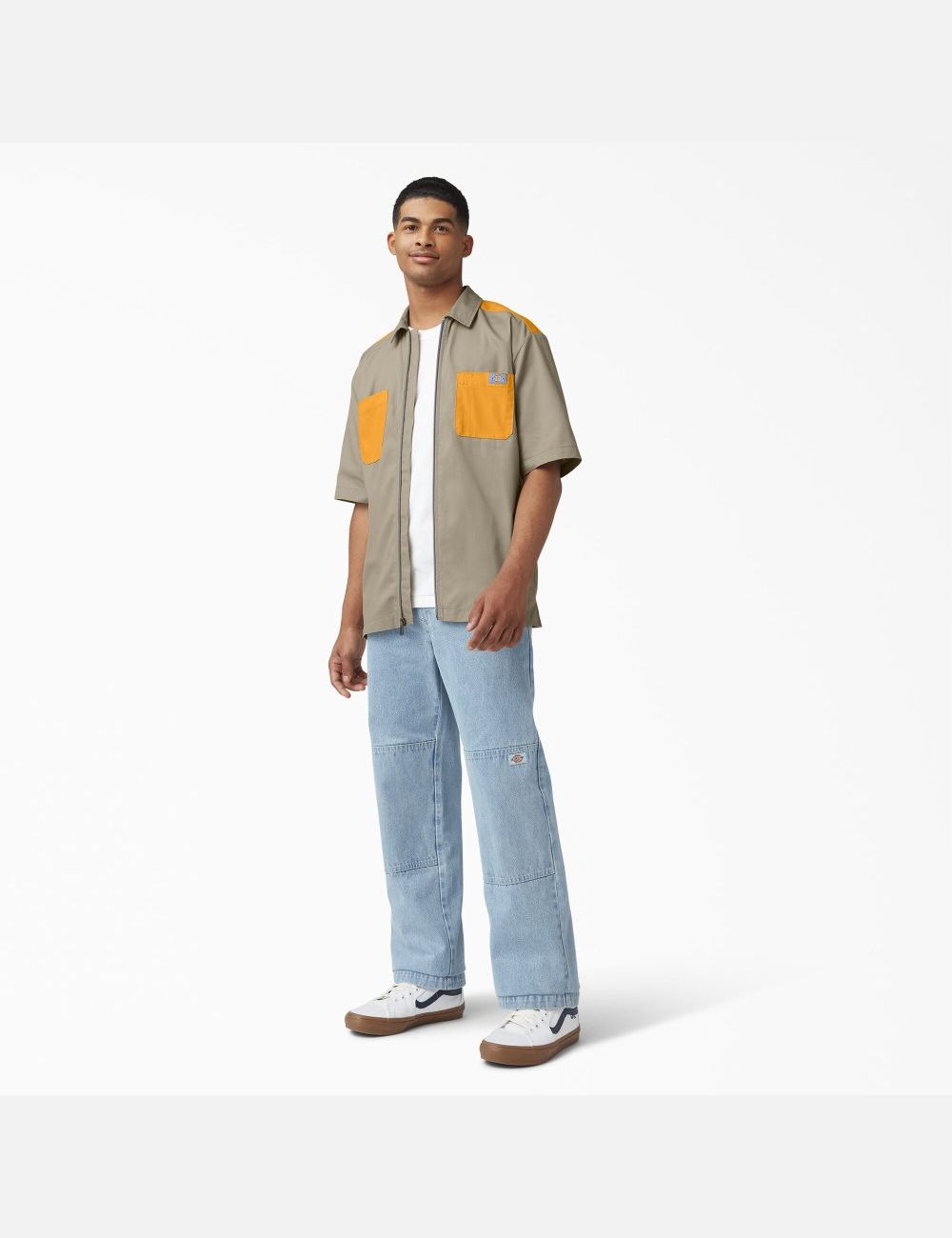 Desert Sand/Radiant Yellow Dickies Mixed Media Zip Front Short Sleeve Work Shirts | 735ENCYVH