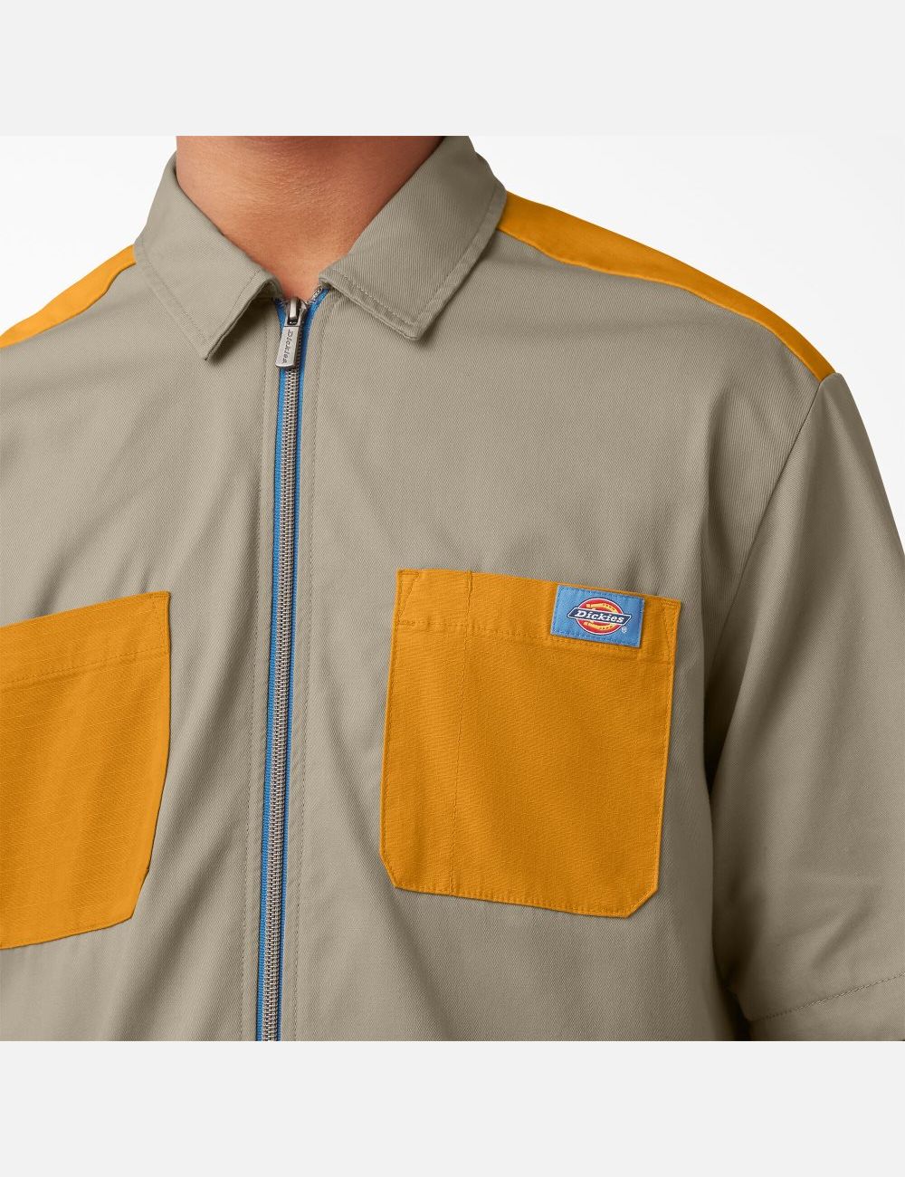 Desert Sand/Radiant Yellow Dickies Mixed Media Zip Front Short Sleeve Work Shirts | 735ENCYVH